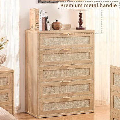 LEYAOYAO Rattan Dresser for Bedroom, 41" Tall Chest of Drawers, Modern 5 Drawers Boho Dressers with Storage, Light Oak Dresser Wooden Closet Organizer for Living Room, Hallway, Natural Wood