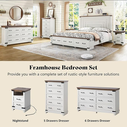 AMERLIFE Farmhouse End Table Set of 2, 18" Wood Night Stand with Charging Station & 4 Storage Drawers, Heavy Duty Bedside Nightstands for Bedroom, Living Room, Antique White
