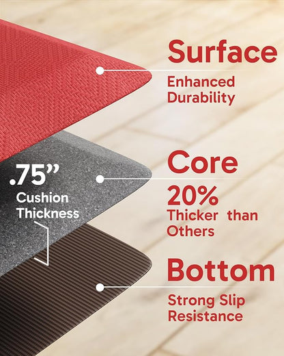 Ophanie Kitchen mats for Floor, 3/4 inch Thick, Kitchen Rugs, 20''x48'' Anti Fatigue Standing Cushioned Mat, Waterproof,Comfort Ergonomic mat for Office, Home, Sink, Red Non-Slip Bottom