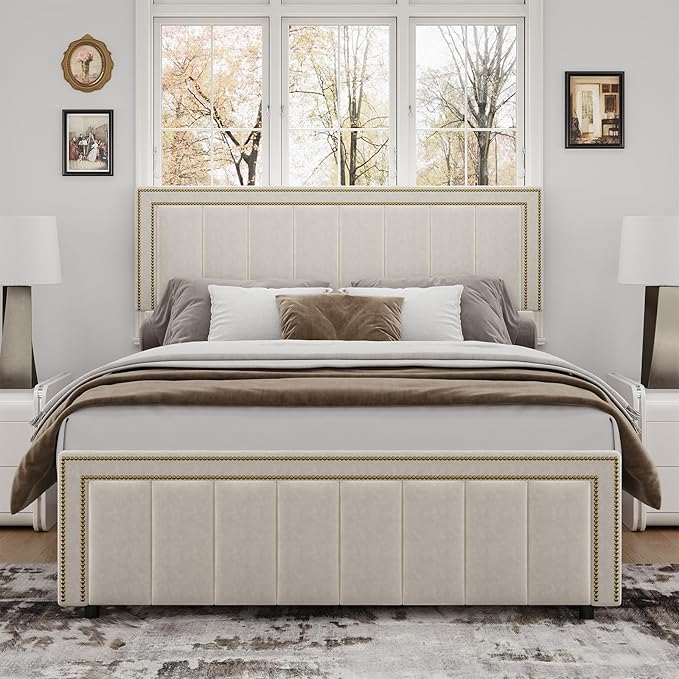 BarnFurin Full Size Bed Frame with 50" Tall Headboard and Footboard, Chenille Upholstered Platform Bed, Vertical Channel Tufting with Nailhead Trim, No Box Spring Needed, Easy Assembly, Beige