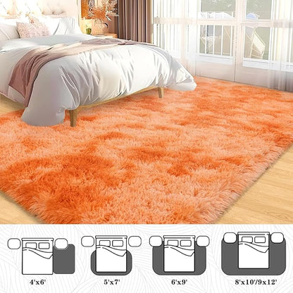 Shag Area Rug 6x9 for Living Room, Large Orange Fluffy Rug for Bedroom Girls Kids Teen Room, Soft Fuzzy Plush Carpet for Nursery Dorm, Non Slip Indoor Shaggy Throw Rug for Home Decor, Orange Tie Dye