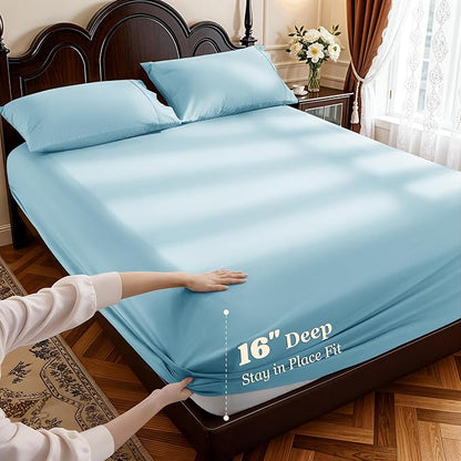LBRO2M 1000 Thread Count 100% Egyptian Cotton Sheets Set Full Size, 4 Piece Sets Bed Sheet Deep Pocket Sheet Set 16" Soft Comfortable All Season (Full, Light Blue)