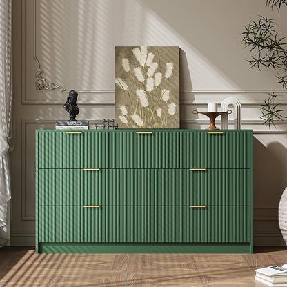 Green 7 Drawer Dresser for Bedroom, 55.9" Wide Modern Fluted Dresser with Gold Metal Handles, Wide Chest of Drawers for Bedroom, Living Room, Entryway, Hallway