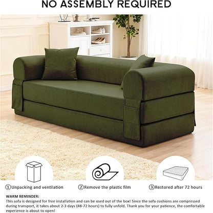 78.5" Convertible Sleeper Sofa Bed, Faux Leather Folding Floor Sofa with Pullout Bed&2 Pillows, No Assembly Modern Boneless Couch Compression Sofa in Box with Storage Pocket for Living Room, Green