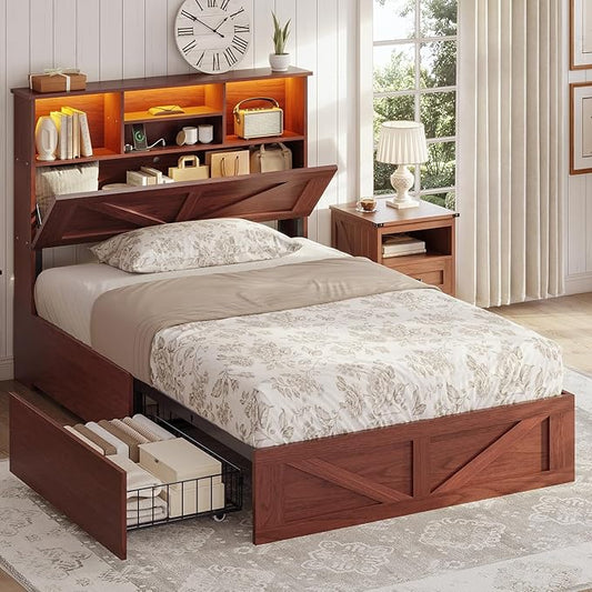 AOGLLATI Twin Bed Frame with 4 Storage Drawers and Charging Station, Farmhouse Wooden Led Twin Bed with Storage Hidden Space Headboard and Metal Slats,Mahogany