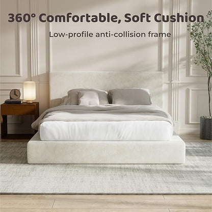 RECCI Cloud Upholstered King Bed Frame with Headboard, 5 Inch Foam Padded Platform, No Box Spring, Easy Assembly (Cream)