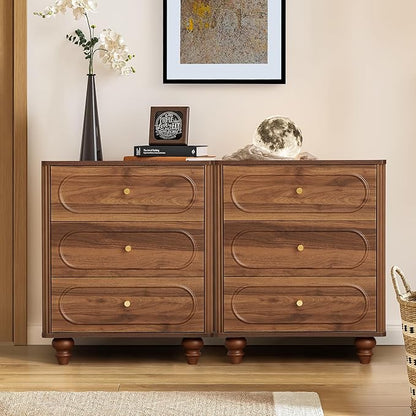 3 Drawer Fluted Dresser for Bedroom, Mid Century Modern Chest of Drawers, Wood Storage Small Dresser Organizer for Bedroom Living Room Hallway Closet, Walnut