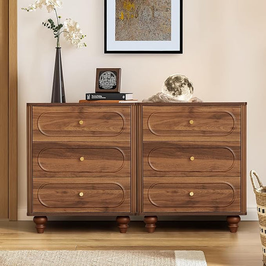 3 Drawer Fluted Dresser for Bedroom Set of 2, Mid Century Modern Chest of Drawers, Wood Storage Small Dresser Organizer for Bedroom Living Room Hallway Closet, Walnut