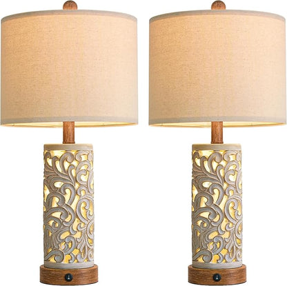 OYEARS 22'' Table Lamp Set of 2 for Living Room,Farmhouse Lamp for for Bedroom,Vintage Retro Bedside Lamps with USB Ports Linen Shade for Home Office (Brown, Bulb Included)