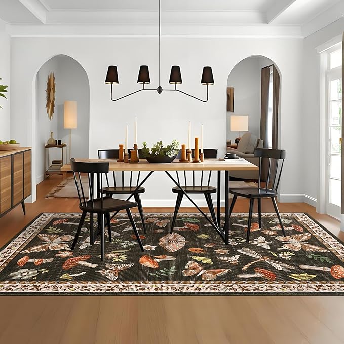 Mushroom 10x13 Area Rug for Living Room Washable Non Slip Forest Soft Low-Pile Stain Resistant Thin Large Throw Carpet for Bedroom Dining Room Office Brown