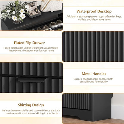 Shoe Cabinet Storage for Entryway with 4 Flip Drawers, Black Fluted Shoe Cabinet with Adjustable Shelves, Wooden Hidden Shoe Rack Freestanding Narrow Slim Shoes Storage for Hallway, Entrance