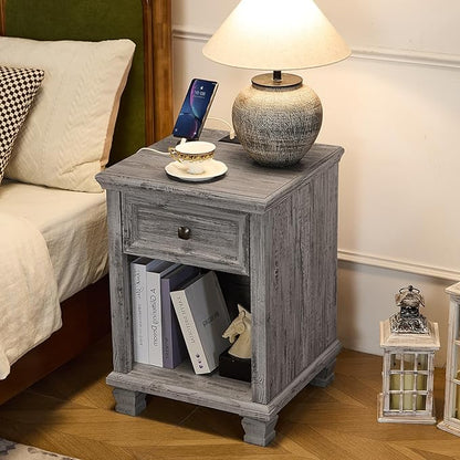 SAVOR LIFE Farmhouse End Tables Living Room with Drawer, Rustic Wood Nightstand with Charging Station, Bedside Table with Open Shelf for Bed Room, Living Room, Grey