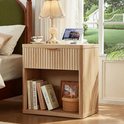LEYAOYAO 48" Wide Fluted Dresser and 1 Drawers 23" Nightstand Set of 2, Wooden Dresser & Night Stand with Charging Station, 3 Piece Bedroom Furniture Set, Chest of Drawer for Living Room,Natural Wood