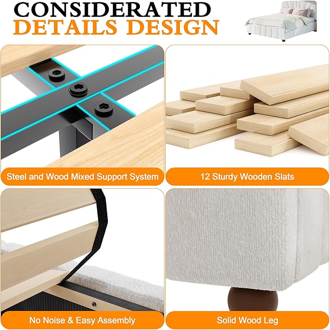 Full Size Boucle Bed Frame Upholstered Bed Frame Full with Adjustable Headboard, Solid Wood Slats Support, Bed for Bedroom Apartment, Dorm, No Box Spring Needed, Easy Assembly, Noise-Free, Cream