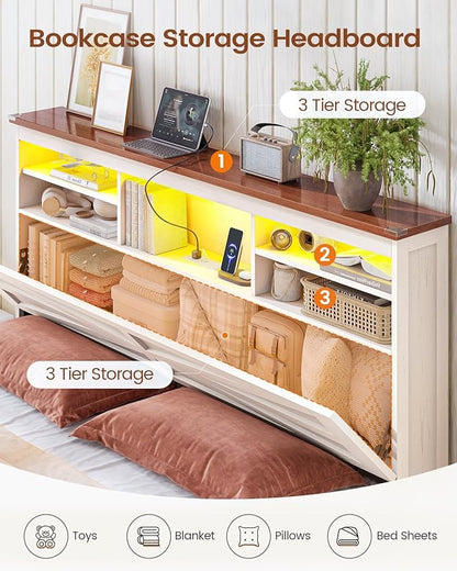 AOGLLATI Farmhouse Bed Frame Queen Size with Lift Up Storage & Hidden Bookcase Storage Headbord, Wood Queen Bed Frame with Charging Station, Led Lights, No Box Spring Needed, Antique White