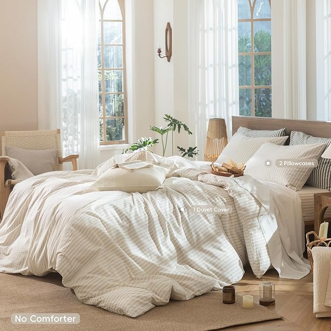 MooMee Striped Duvet Cover Set 100% Washed Cotton Linen Like Textured Breathable Durable Soft Comfy (Almond Milk Grey Classic Stripes, Alaska King 132"x120")
