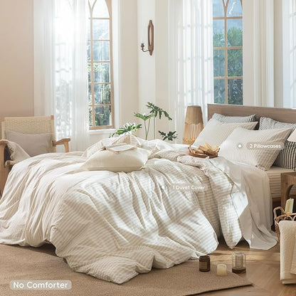 MooMee Striped Duvet Cover Set 100% Washed Cotton Linen Like Textured Breathable Durable Soft Comfy (Almond Milk Grey Classic Stripes, Alaska King 132"x120")