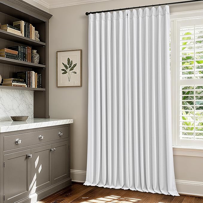 Pure White 96 Inch Blackout Pinch Pleated Curtains 2 Panel Set for Living Room Darkening Thick Linen Textured 100% Black Out Drapes 96 Inches Long Pinch Pleat Light Blocking Bedroom Soft Snow White