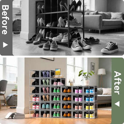 Thicken Hard Clear Shoe Storage Organizer for Closet, 10 Pack Modular Plastic Stackable Shoe Storage Box Organizer, Shoe Sneaker Rack Display Case Containers Bins with Lids, Black Clear