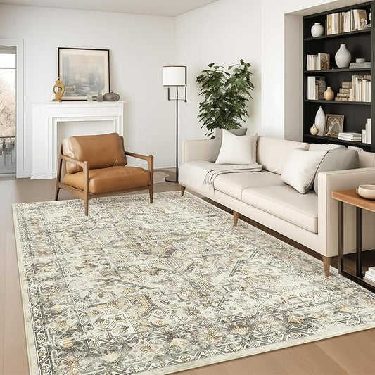 zesthome 6x9 Area Rug, Super Soft Washable Rugs for Living Room, Non-Slip Stain Resistant Vintage Rugs, Ultra-Thin Large Area Rugs (Beige/Brown,6'x9')