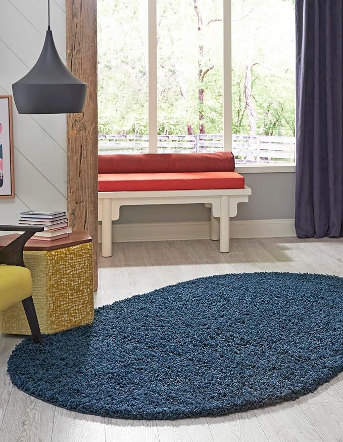 Unique Loom Solid Shag Collection Area Rug (5' 1" x 8' Oval, Sapphire Blue/ Navy Blue)