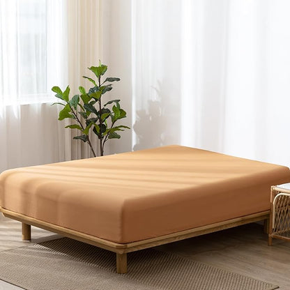 MooMee Fitted Bottom Sheet Only 100% Washed Cotton Linen Like Textured Breathable Durable Soft Comfy Deep Pocket Fits Mattress up to 17" (Burnt Orange, King)