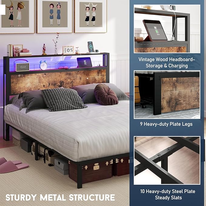 Queen Size Bed Frame with 2-Tier Storage Headboard with Charging Station and 12 Color LED Lights,2 Tier Solid Wood Headboard Storage,Noise Free, No Box Spring Needed/Remote Control/Vintage Brown