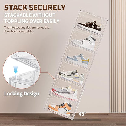 6 Pack XX Large Shoe Organizer, Heavy-Duty Hard Thicken Plastic Clear Stackable Shoe Storage Box Organizer for Closet, Space-Saving Shoe Rack Display Case Bin Containers for Sneakers, Clear