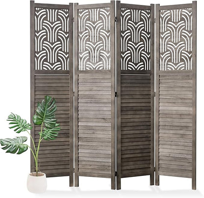 Svimi Folding Room Divider, 66.9 Inch 4 Panels Wood Carved Privacy Screens, Free Assembled Freestanding Portable Separation Wall for Home Office Restaurant Bedroom (Gray)
