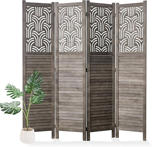 Svimi Folding Room Divider, 66.9 Inch 4 Panels Wood Carved Privacy Screens, Free Assembled Freestanding Portable Separation Wall for Home Office Restaurant Bedroom (Gray)