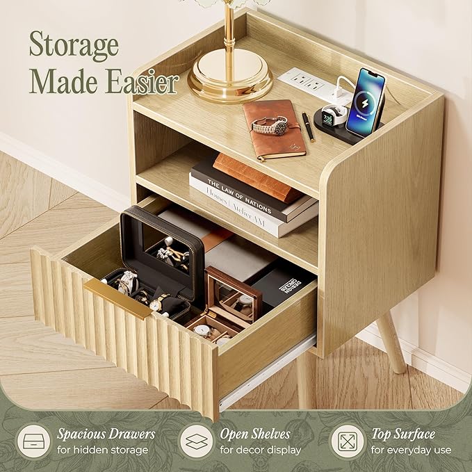 Huuger Nightstand with Charging Station, USB-C Port, Fluted Night Stand Set of 2, Bed Side Table with Drawer, Solid Wood Feet, Open Storage, End Table with Raised Edge, for Bedroom, Natural