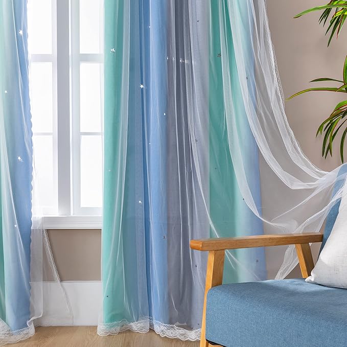XiDi Curtains for Bedroom Decor, Rainbow BluGrenGrey-34-90