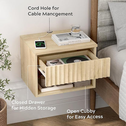 Small Floating Nightstand with Drawer, Modern Night Stand with Fluted Door and Open Storage Shelf Wall Mounted Bedside Table for Bedroom, Entryway Light Oak