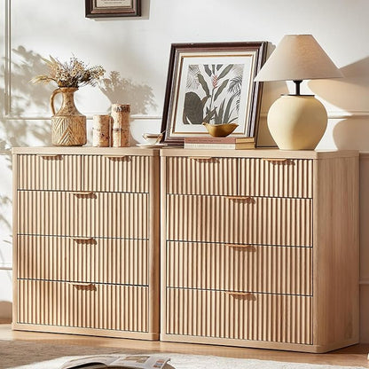 LEYAOYAO Fluted 5 Drawers Dresser for Bedroom Set of 2, 34" Tall Modern Chest of Drawers with Metal Handle, Curved Profile Design,Natural Wood Drawer Organizer for Bedroom, Living Room, Hallway