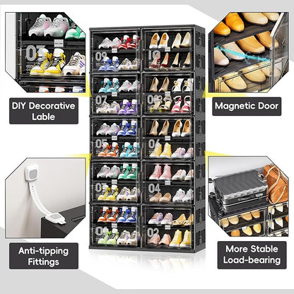 JEKO&JEKO 9 Tiers Foldable Boot Storage Shoe Rack Cabinet for Closet Entryway, Large Collapsible Shoe Organizer with Magnetic Doors (Black)