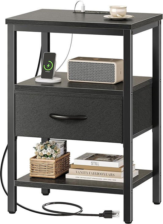 SUPERJARE Nightstand with Charging Station, Bed Side Table with Adjustable Fabric Drawer, Night Stand for Bedroom, 3-Tier Storage End Table, for Living Room, Black
