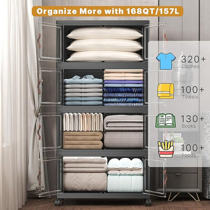 Extra Large Stackable Storage Bins with Lids & Wheels, Foldable Plastic Storage Bins (Dark, 1344QT-168QT/42GAL*8Pack)