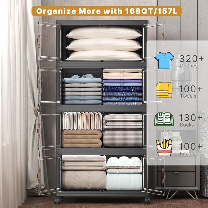 Extra Large Stackable Storage Bins with Lids&Wheels,660QT-165QT/41GAL*4Pack Collapsible Container Closet Organizers,Plastic Stackable Storage drawers for bedroom Dorm