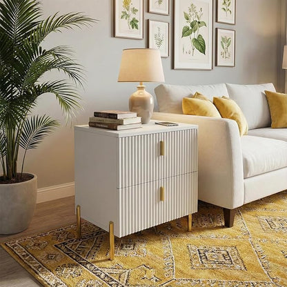 Luxury Fluted Night Stand, Nightstand with 2 Drawers, Modern Bedside Table with Golden Legs and Handles, End Tables for Living Room Bedroom, White