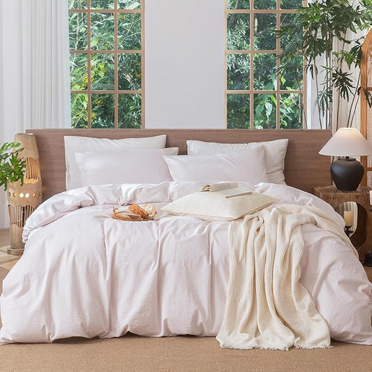 MooMee Striped Duvet Cover Set 100% Washed Cotton Linen Like Textured Breathable Durable Soft Comfy (Heathered Greyish Pink Pinstripes, Queen 90"x90")