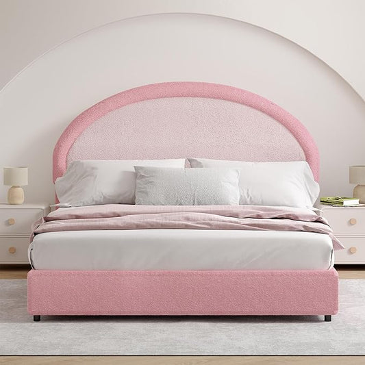 Full Size Bed Frame, Boucle Upholstered Platform Bed Frame with Headboard, Pink Bed Frame, Soft Rounded Corners, No Box Spring Required, Easy Assembly
