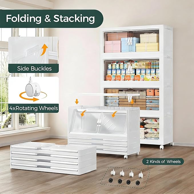 600QT Extra Large Stackable Storage Bins with Lid, 150Gal Collapsible Storage Box with Wheels and Doors, Plastic Closet Organizer and Storage Cabinet for Home Kitchen Office Dorm, 5Pack White