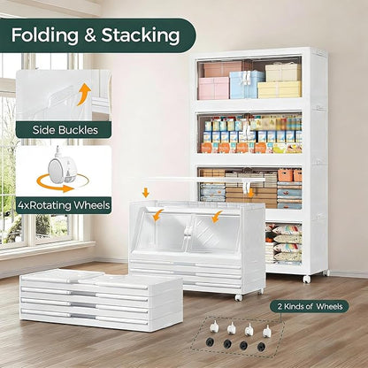 660QT Extra Large Stackable Storage Bins with Lid, 165Gal Collapsible Storage Box with Wheels and Doors, Plastic Closet Organizers and Storage Cabinet for Home Kitchen Office Dorm, 3Pack White
