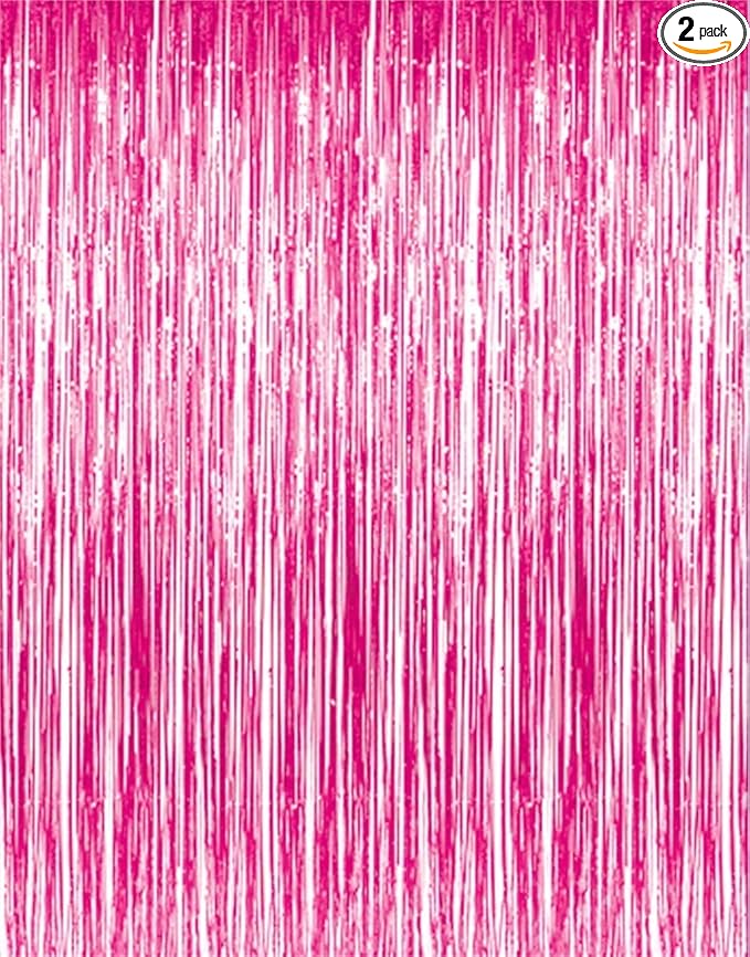 GOER 6.4 ft x 8.2 ft Metallic Tinsel Foil Fringe Curtains,Pack of 2 Party Streamer Backdrop for Galentines Day,Birthday,Graduation Decorations and New Year Eve (Hot Pink)
