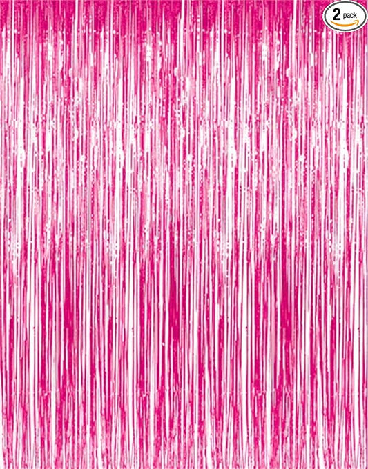GOER 6.4 ft x 8.2 ft Metallic Tinsel Foil Fringe Curtains,Pack of 2 Party Streamer Backdrop for Galentines Day,Birthday,Graduation Decorations and New Year Eve (Hot Pink)