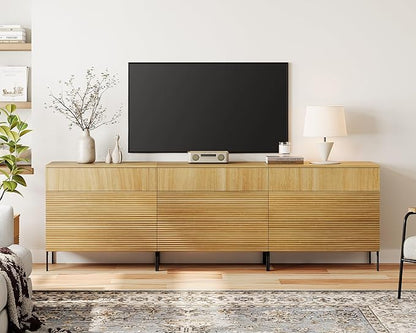 WAMPAT 94.5" W Fluted Dresser for Bedroom, Modern 9 Drawer Dresser TV Stand with Hidden Handles, Wooden Chest of Drawers Closet Clothes Storage Organizer for Bedroom, Living Room, Oak
