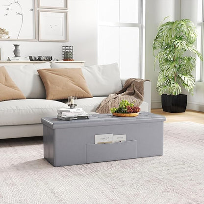 Giantex 43 Inches Folding Storage Ottoman Bench, Upholstered PU Leather Storage Chest with Side Pocket, Padded Seat, End of Bed Bench, Collapsible Ottoman Foot Rest for Living Room, Bedroom & Entryway