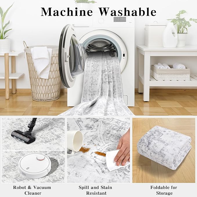 2x6 Hallway Washable Runner Rug Vintage Non-Slip Soft Kitchen Mat Boho Medallion Distressed Farmhouse Carpet Floral Low Pile Indoor Throw Rug for Entryway Bathroom Living Room Bedroom, Gray