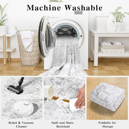 8x10 Vintage Washable Area Rugs Boho Medallion Large Distressed Retro Accent Carpet Floral Non-Slip Soft Low Pile Indoor Throw Rug for Living Room Bedroom Dining Room Office Kitchen, Gray