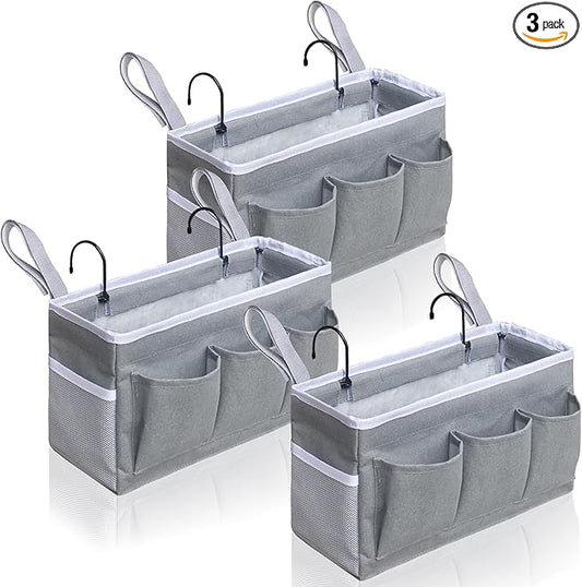 Kanrichu 3-Piece Bedside Caddy Storage Organizer with Pockets for Bedrooms, Loft Beds & Top Bunk Beds (Gray)